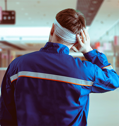 Man with bandaged head holding the back of his head, wearing a blue jacket symbolizing Traumatic Brain Injuries